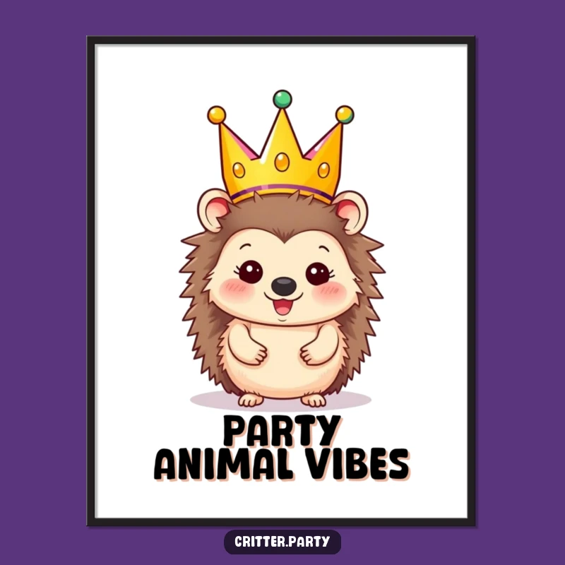 Funny Hedgehog Party Art Print - Festive Crown Wall Decor Gift