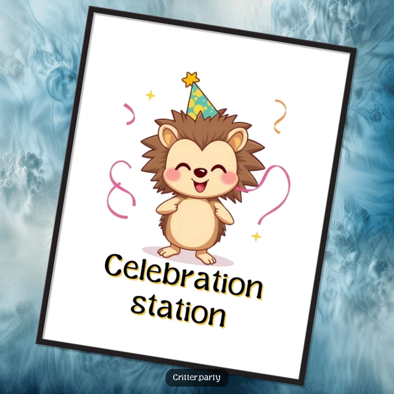 Funny poster art of a smiling hedgehog wearing a party hat and juggling streamers, evoking feelings of celebration and playful energy.