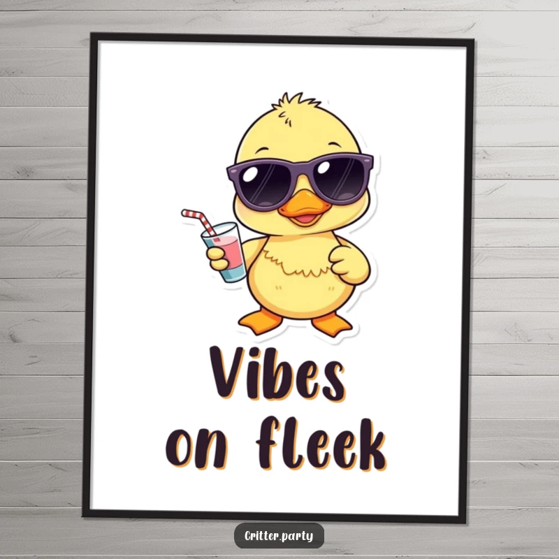 Funny Kawaii duckling wearing sunglasses and holding a tiny drink, creating a hip and funny poster.