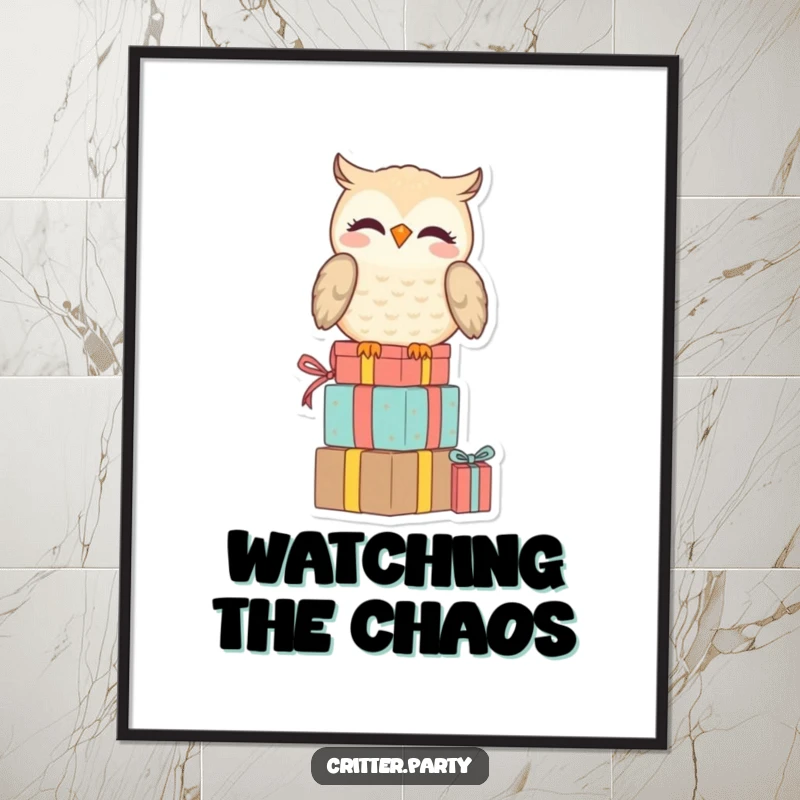 Funny poster art of a smiling owl perched on a stack of presents, looking amused, adding witty charm and festive intrigue.