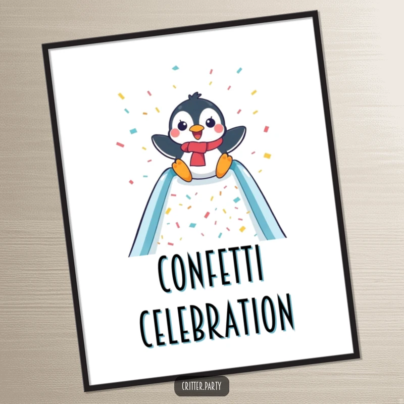 Funny poster featuring a delighted penguin joyfully sliding down a confetti-covered slide, vibrant and energetic wall art.