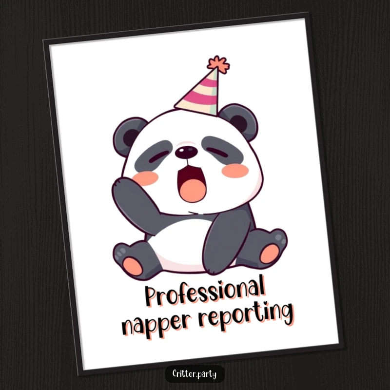 Funny graphic art of a sleepy panda with a party hat askew, yawning widely, perfect for wall decor.