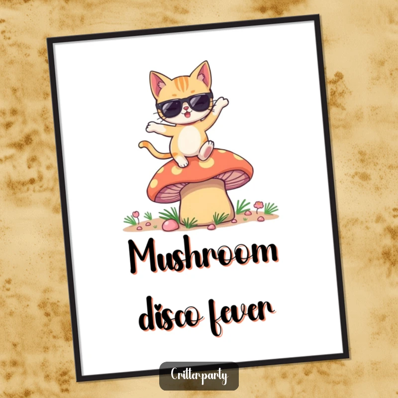 Funny poster artwork depicting a cool cat with sunglasses dancing wildly on a giant, colorful mushroom.