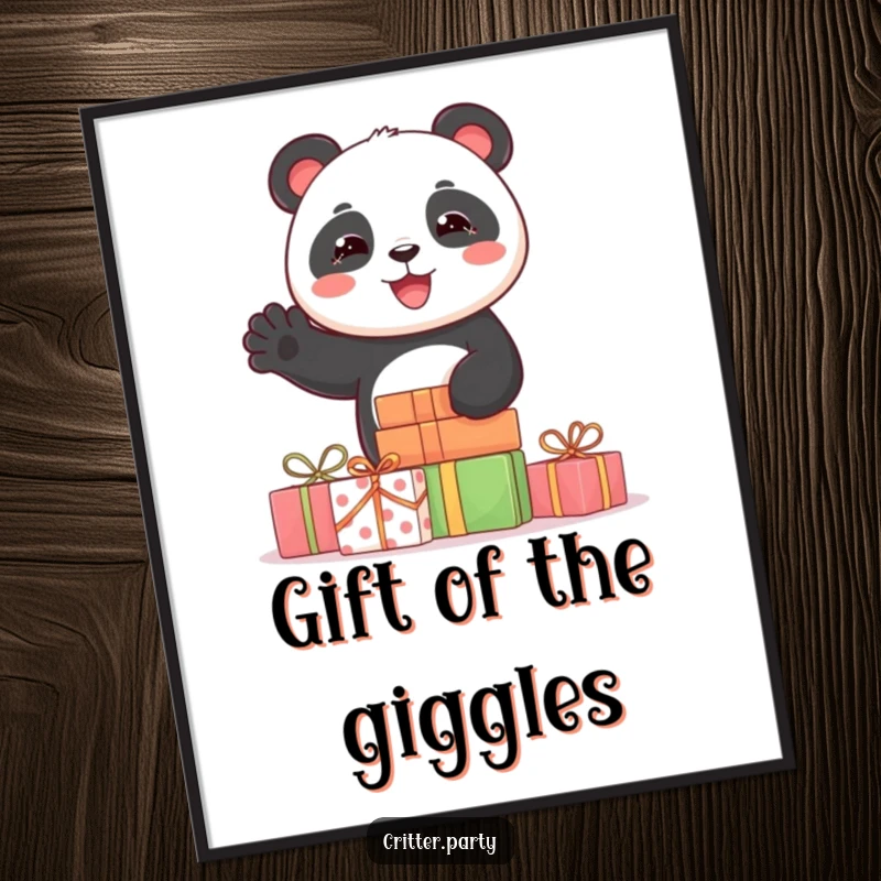 Funny poster of a joyful panda character waving hello from behind a generous stack of colorful, wrapped birthday presents.