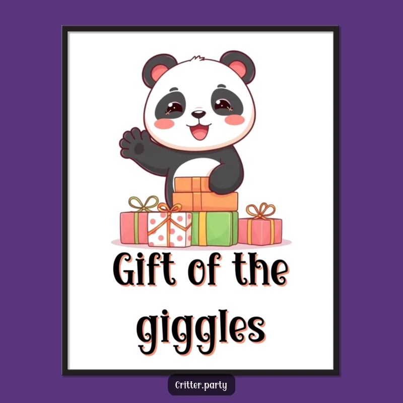 Funny Panda Poster: Joyful Panda Waving from Presents, Wall Art for Lively Spaces