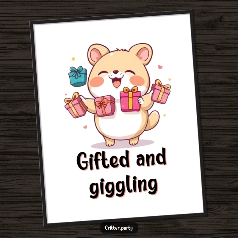 Funny poster art of a round animal character giggling while juggling several brightly colored gift boxes, radiating festive joy.
