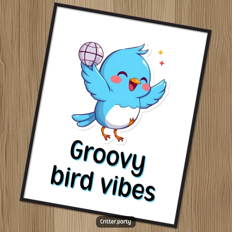 Funny cheerful blue bird poster holding a tiny disco ball, dancing with pure delight, capturing a moment of celebratory fun, ideal for decor.