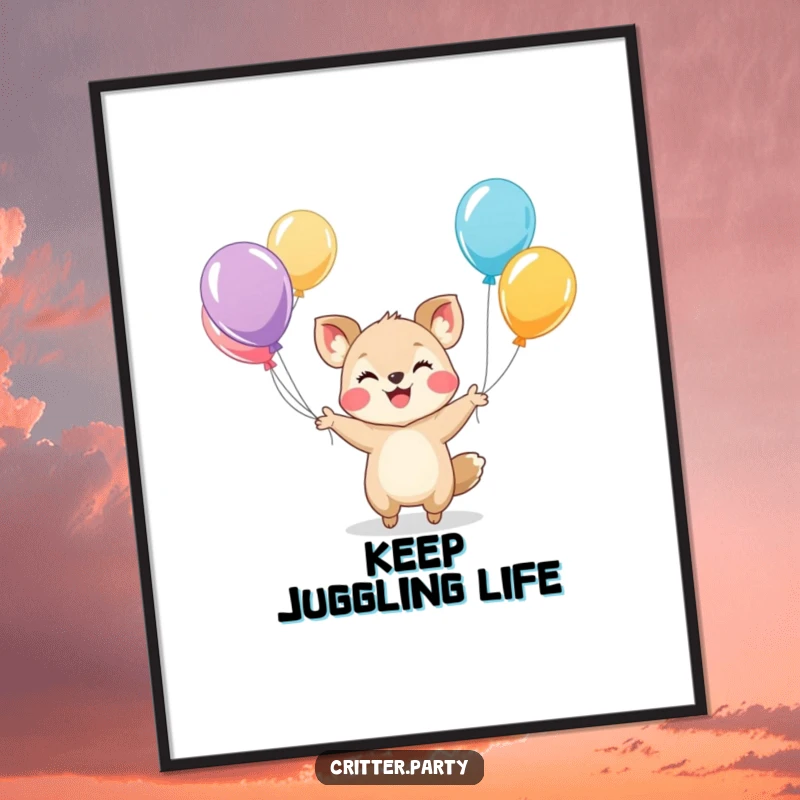 Funny poster of a tiny, smiling animal character expertly juggling a vibrant array of colorful balloons, radiating pure happiness.
