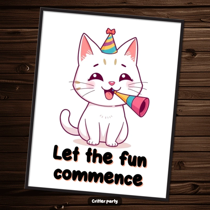 Funny poster depicting a cheerful, small cat wearing a party hat and enthusiastically blowing a tiny party horn.