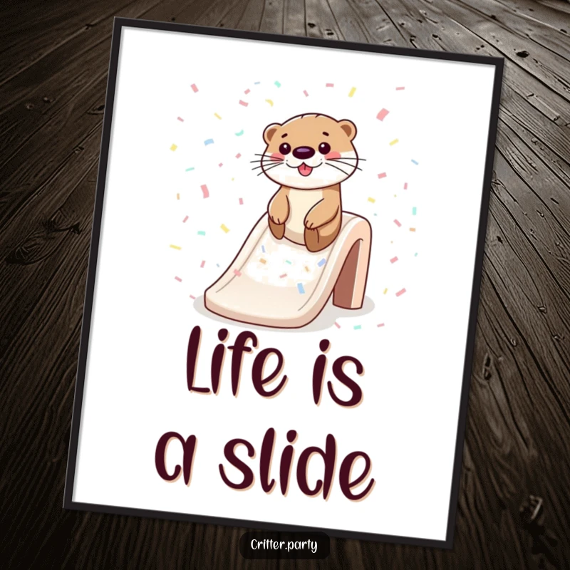 Funny poster showcasing a joyful otter sliding down a confetti-filled slide, creating a whimsical and entertaining piece of wall art.