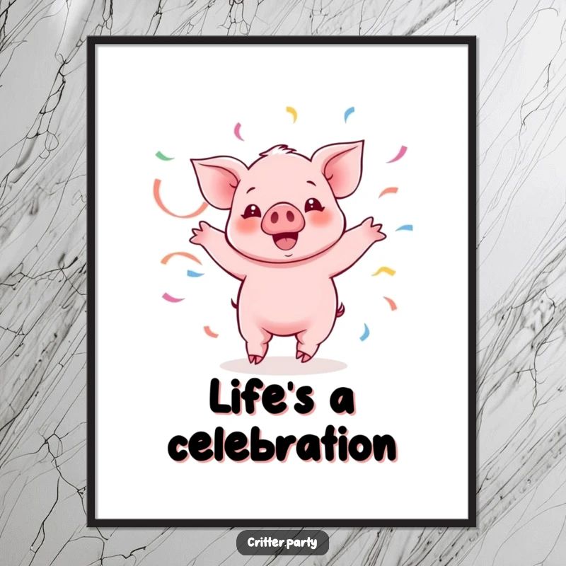Funny Kawaii piglet character joyfully twirling with colorful streamers, creating a dynamic and funny poster.