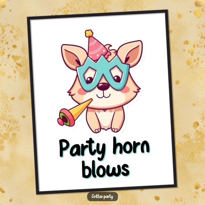 Funny poster featuring a cheerful animal in a silly mask, loudly blowing a party horn with confetti bursting around.