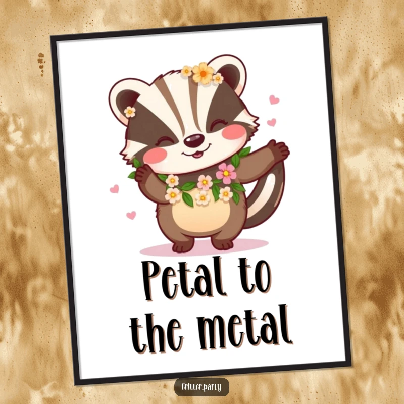 Funny poster print of a happy badger wearing a flower garland and dancing, celebrating nature and joyful movement.