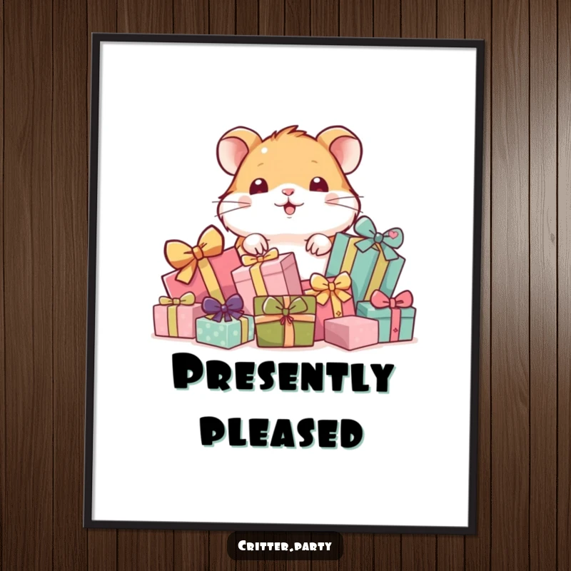Funny poster print of a playful hamster peeking from behind a large pile of wrapped gifts, cute and humorous wall art.