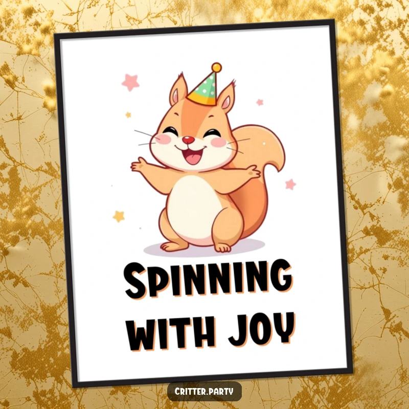 Funny poster art of a joyful squirrel wearing a tiny party crown, spinning around with ecstatic delight and festive energy.