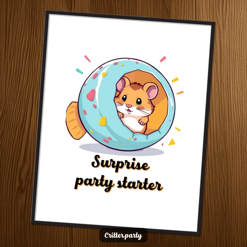 Funny poster artwork of a curious hamster surprising viewers by popping out of a giant, colorful party popper.