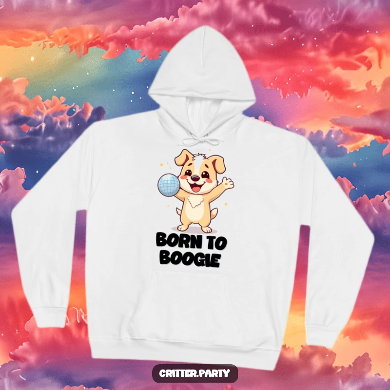 Funny dog with a wide smile, dancing with a sparkling disco ball, a warm and humorous hoodie.