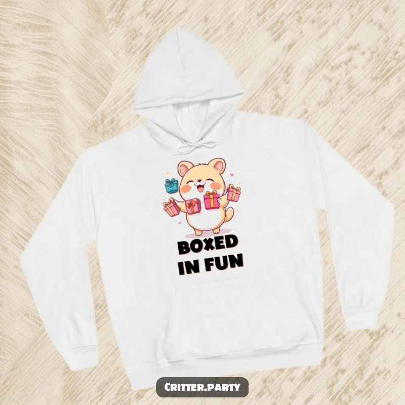 Funny hoodie with a round animal character giggling while expertly juggling brightly colored gift boxes, perfect for festive wear.