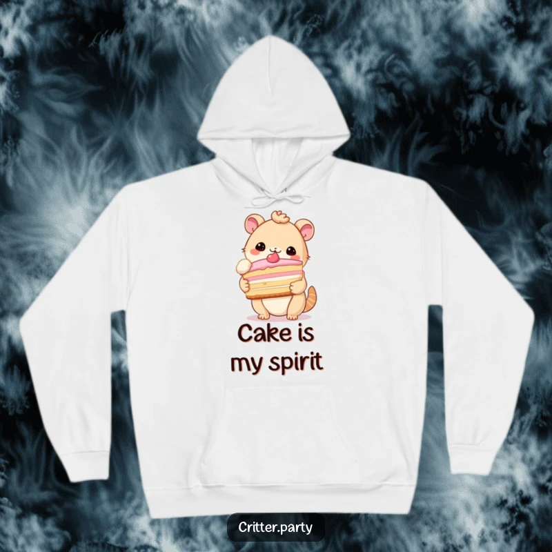 Funny hoodie featuring a cute critter adorably holding an excessively large slice of cake, radiating pure dessert happiness.