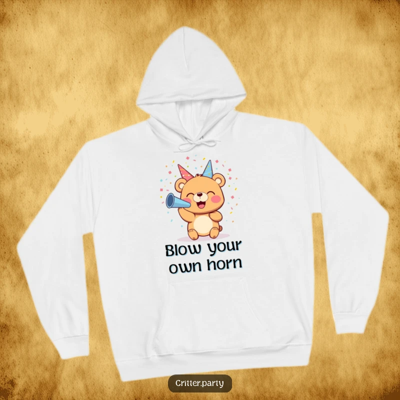 Funny hoodie with a small, smiling bear joyfully blasting colorful confetti from a party horn, perfect for festive wear.