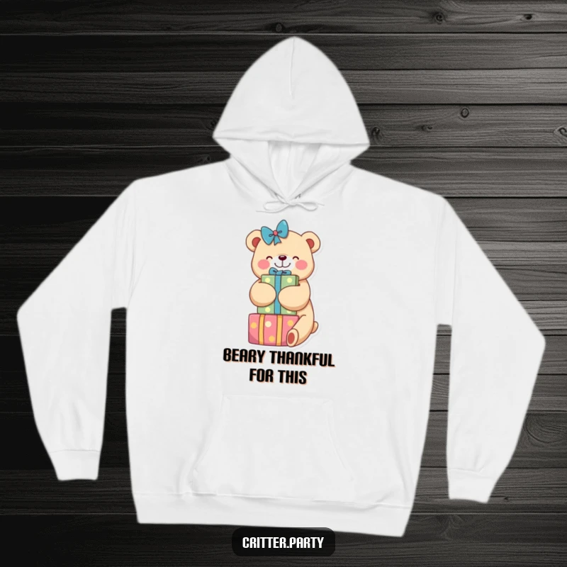 Funny hoodie with a plush bear character giving a big hug to an overflowing pile of brightly wrapped gifts, creating a sense of warmth and happiness.