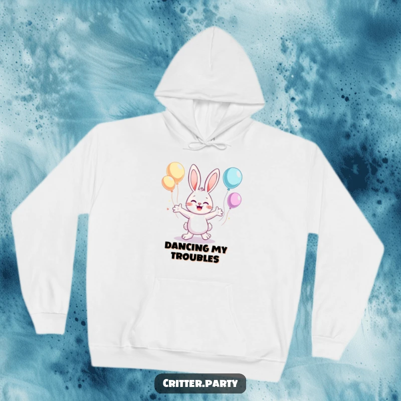 Funny hoodie with a cute bunny enthusiastically dancing with arms flailing, surrounded by whimsical floating balloons.
