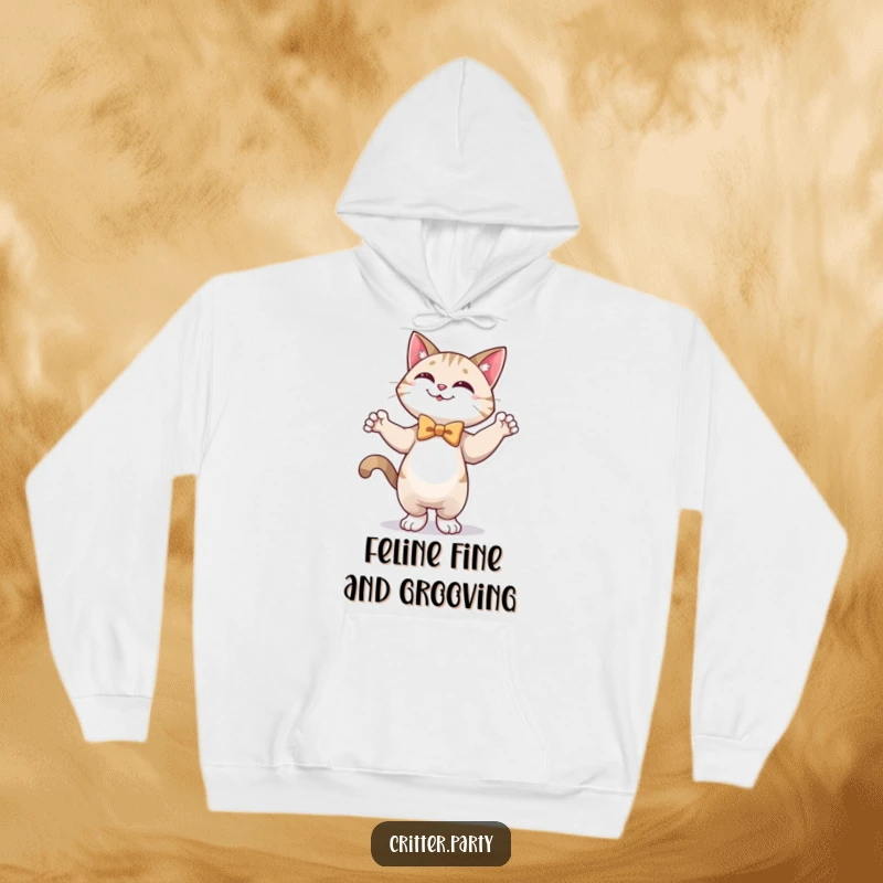 Funny hoodie featuring a happy cat dressed in a festive bow tie, gracefully striking a dance pose with pure delight.