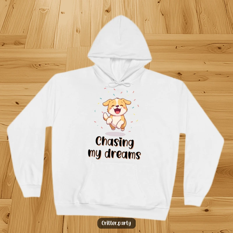 Soft, comfortable funny excited dog hoodie with a wagging tail, joyfully chasing confetti, for cozy celebrations and smiles.