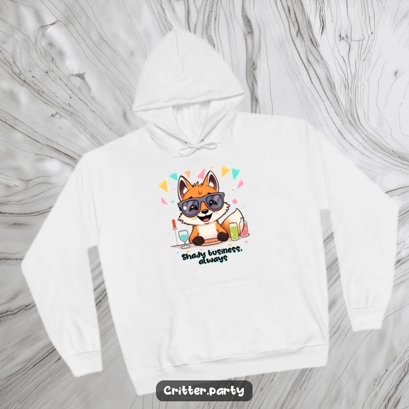 Soft, comfortable funny fox hoodie featuring a grinning fox in oversized novelty glasses at a party table, for cozy fun.