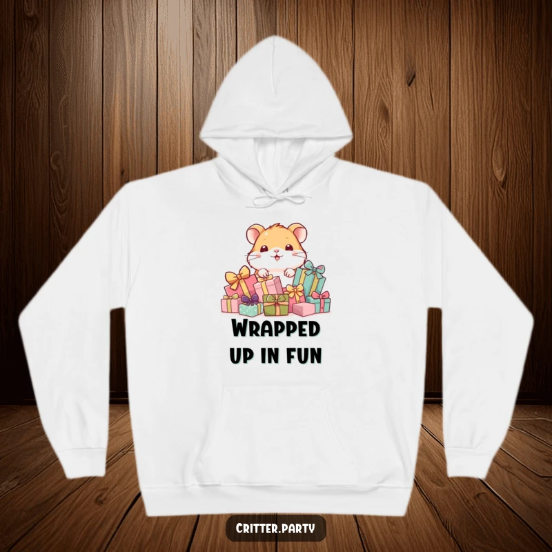 Funny and warm hoodie featuring a playful hamster peeking from behind a pile of birthday gifts, soft and cuddly.
