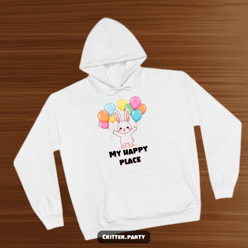 Funny kawaii bunny juggling colorful balloons at a party, a comfortable and cheerful hoodie for festive occasions.