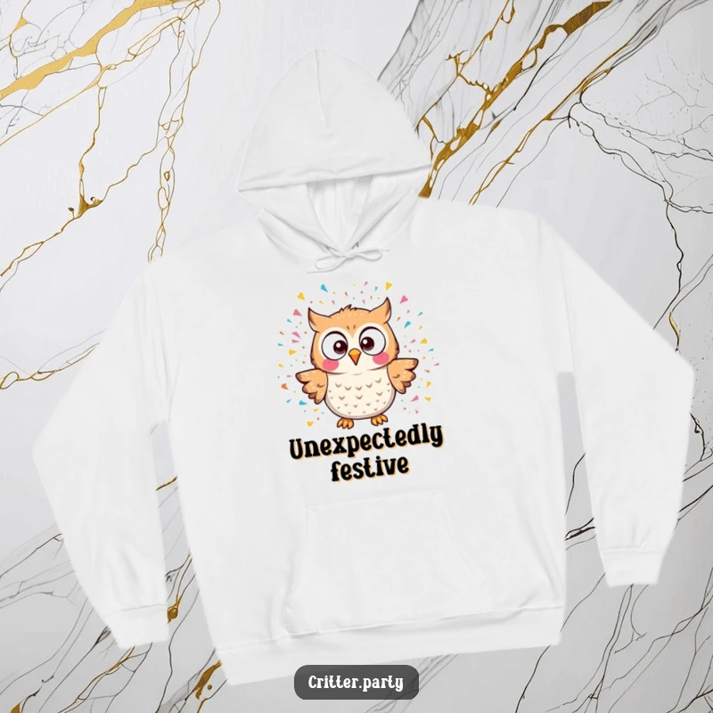 Funny kawaii owl character reacting to a big confetti explosion, depicted on a soft, warm hoodie, a truly funny gift.