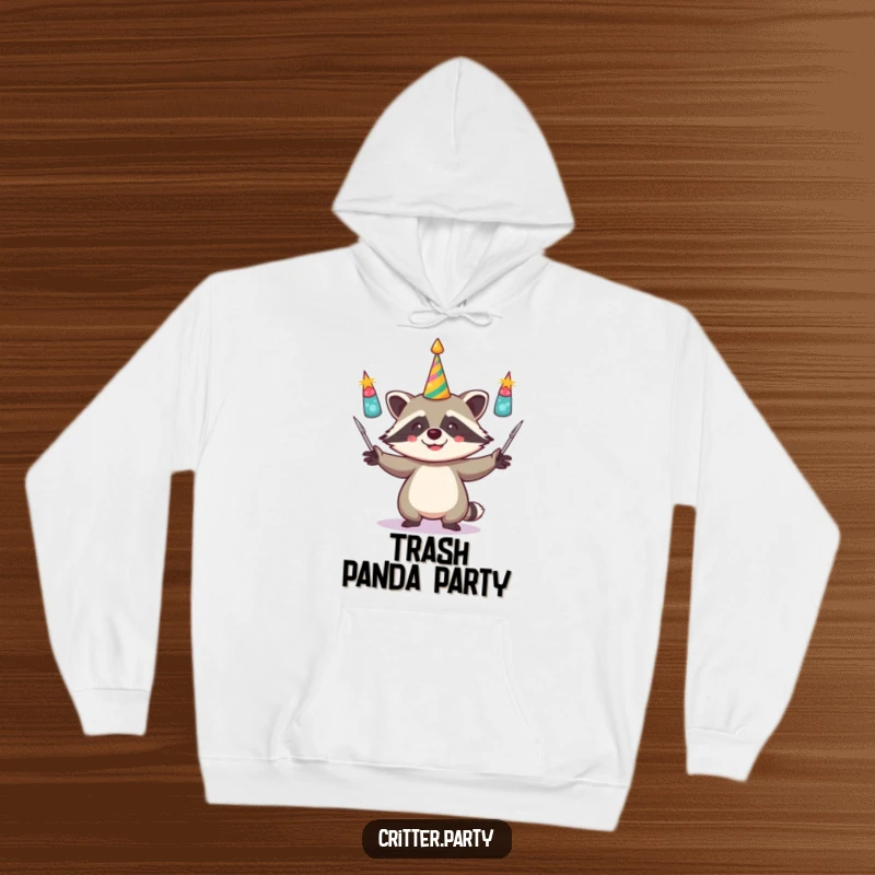 Funny hoodie with a comical raccoon juggling multiple shiny party horns, designed for comfort and a touch of festive, humorous flair.