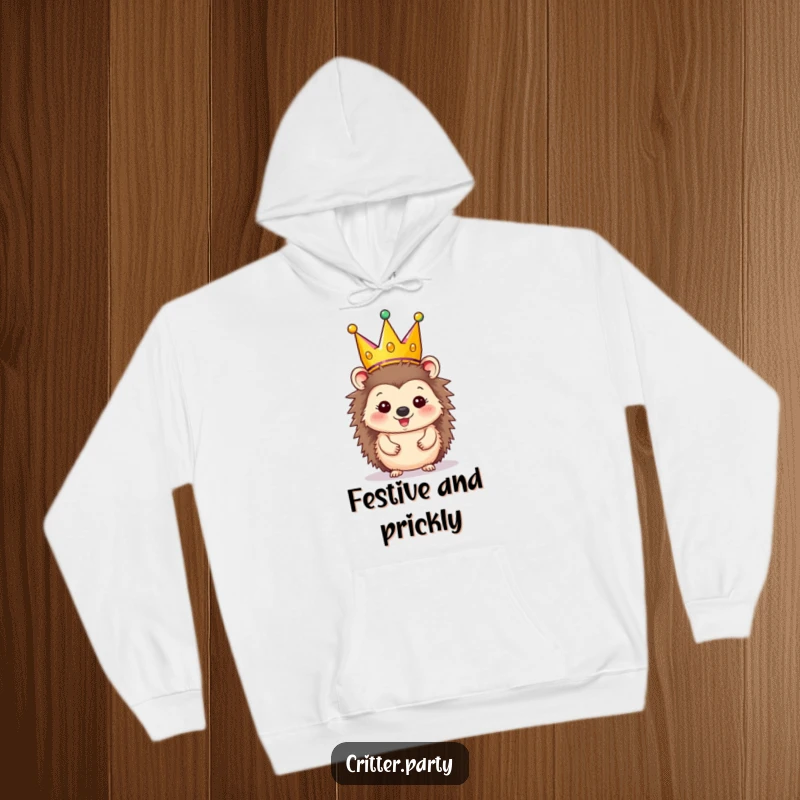 Funny Hoodie: Happy hedgehog character in a festive party crown that’s slightly oversized, radiating coziness.