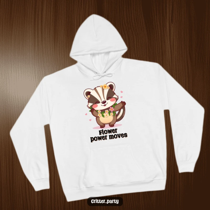 Funny and warm hoodie featuring a happy badger wearing a flower garland and dancing, radiating joy and natural beauty.