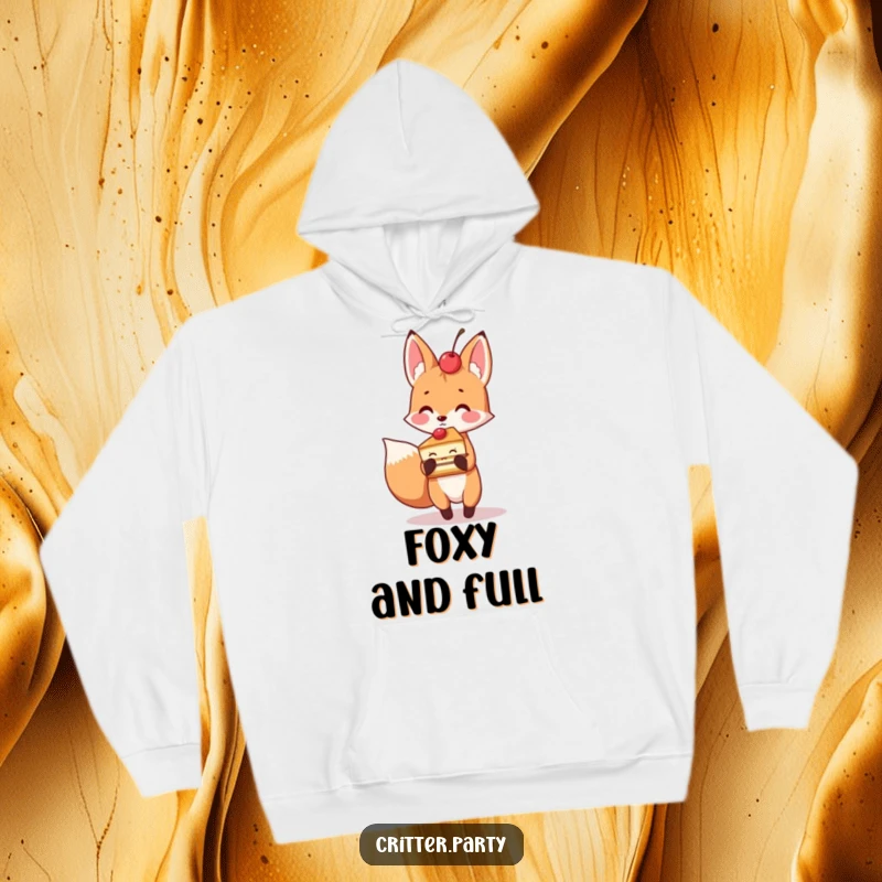 Playful fox holding a slice of cake with a cherry on top, cozy and humorous hoodie.