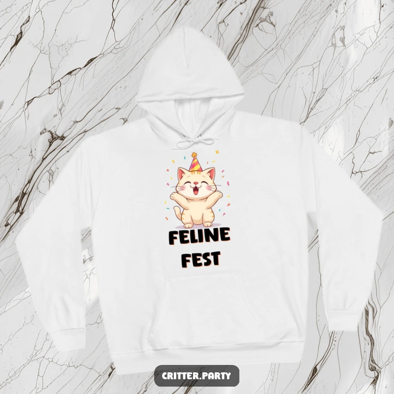 Funny hoodie depicting an excited cat wearing a party hat, showering confetti with glee.