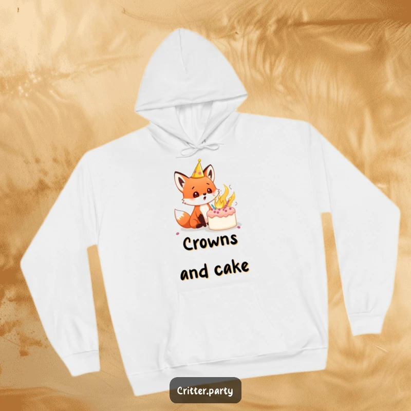 Funny red fox cub hoodie wearing a tiny crown, looking astonished at a cake that has dramatically exploded, perfect for cozy, humorous wear.