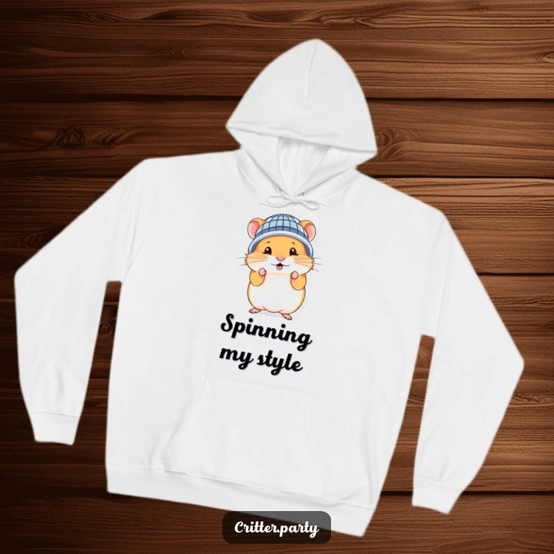 Funny hamster hoodie featuring a cute character wearing a miniature disco ball helmet and posing playfully, ready to party.