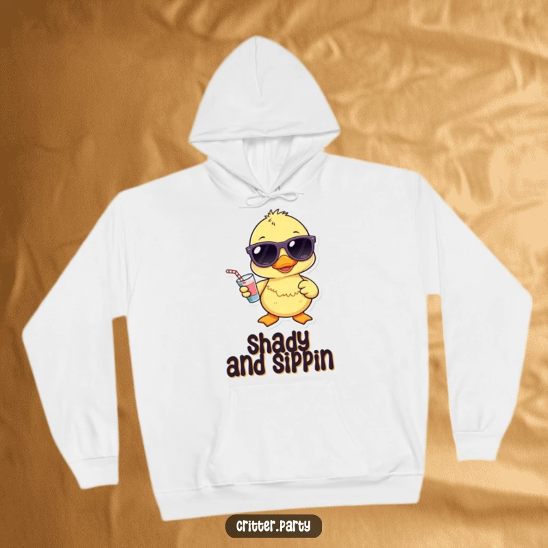 Funny Kawaii duckling wearing sunglasses and holding a tiny drink, printed on a cozy hoodie for ultimate cool.
