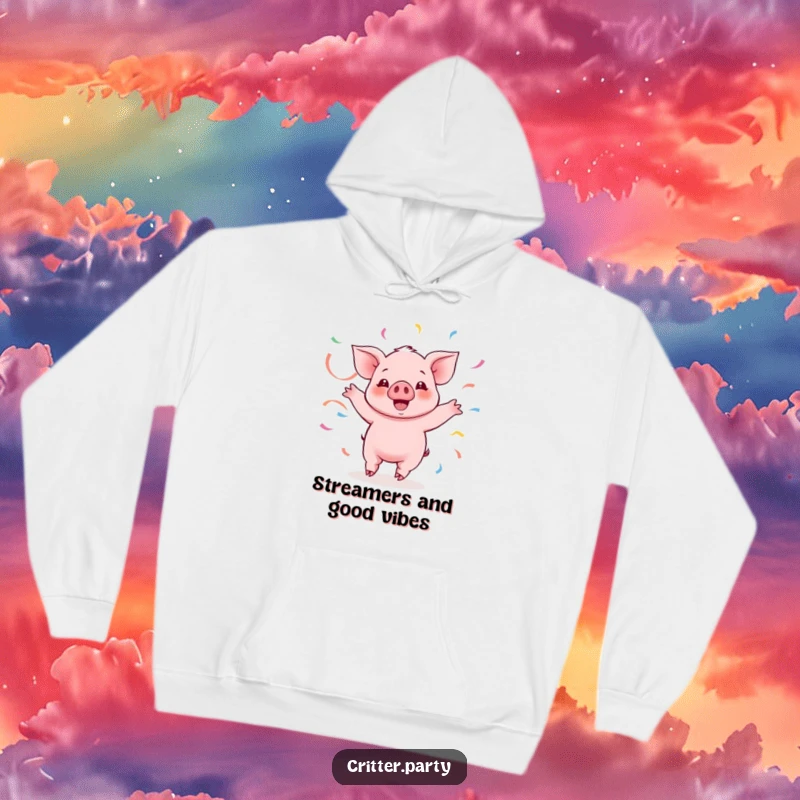 Funny Kawaii piglet character joyfully twirling with streamers, printed on a warm hoodie for festive coziness.