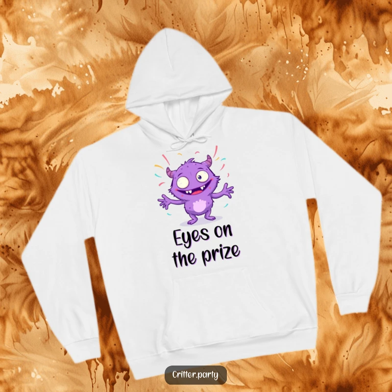 Funny purple monster hoodie with multiple eyes, dancing joyfully with streamers, perfect for cozy nights and wild parties, great for a funny gift.
