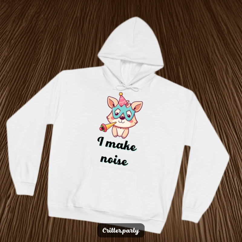 Funny hoodie featuring a cheerful animal in a silly mask, energetically blowing a party horn, surrounded by festive confetti.
