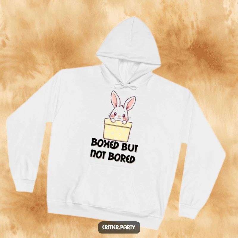 Funny hoodie featuring a curious rabbit peeking out from a brightly wrapped gift box, offering cozy comfort and playful charm.
