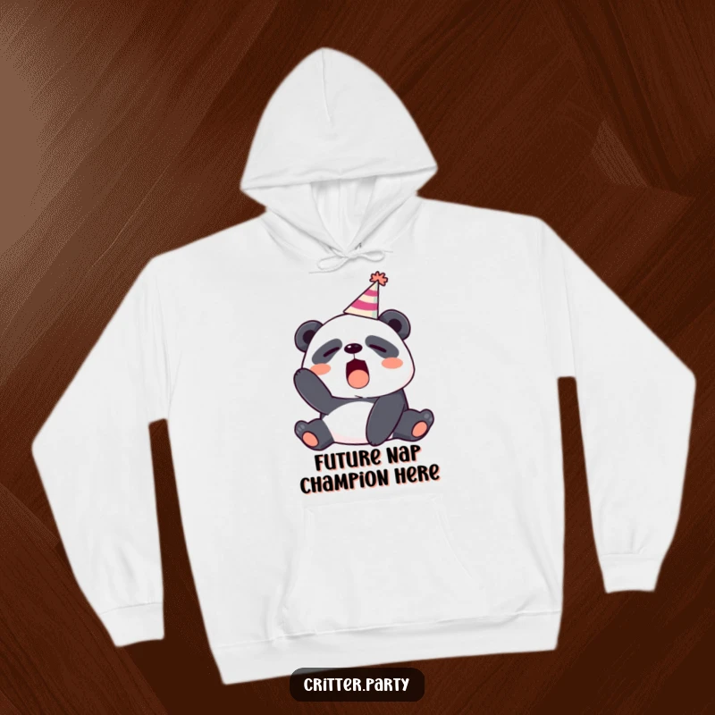 Funny sleepy panda in a party hat yawning big, featured on a warm and cozy hoodie.