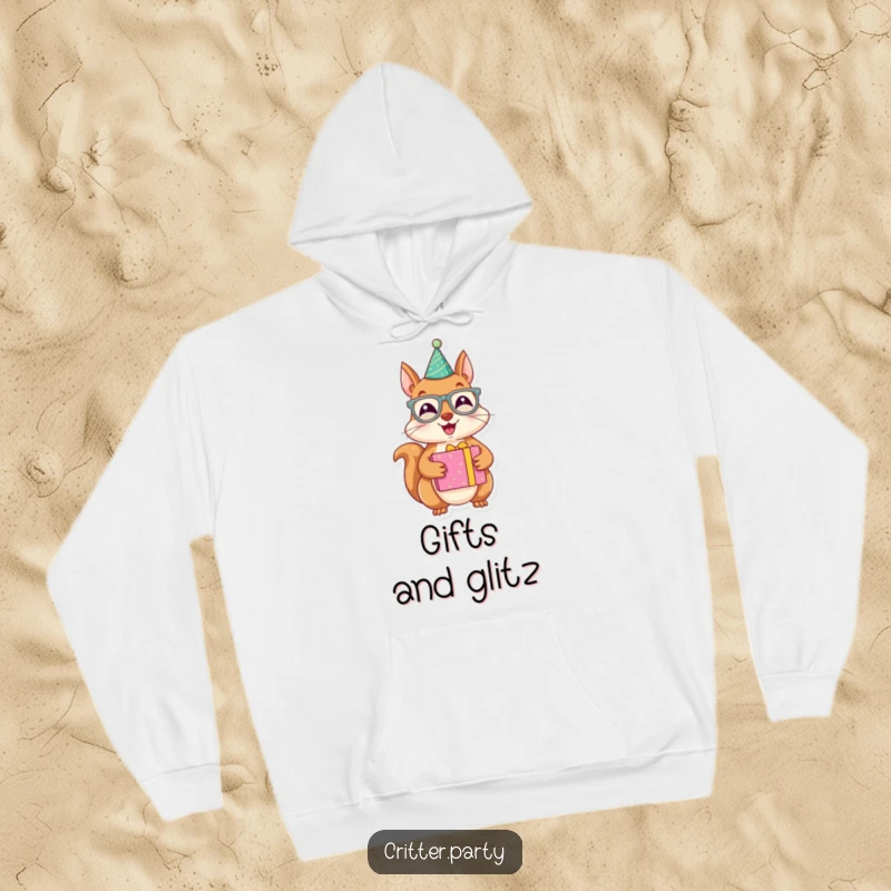 Funny hoodie with a joyous squirrel character wearing party glasses and holding a brightly wrapped present, embodying cozy festivity.