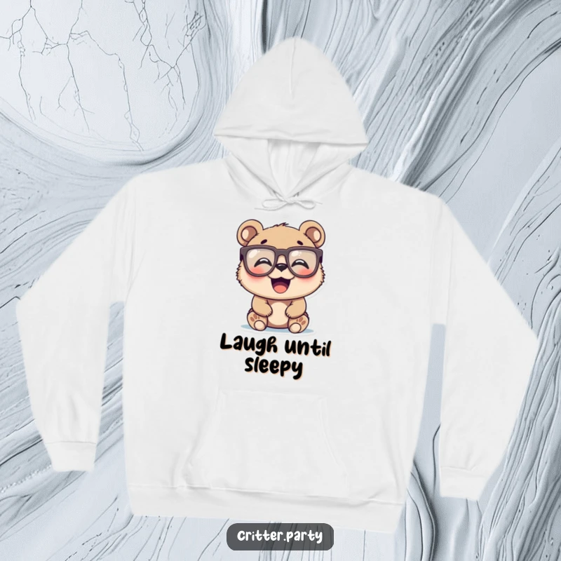 Funny happy bear cub wearing large novelty glasses, laughing heartily, on a comfortable hoodie, a fantastic funny gift.