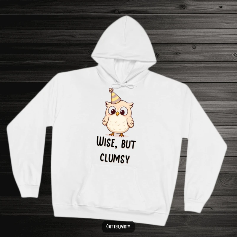 Funny owl hoodie featuring a tiny, surprised owl character whose party hat is askew, offering warmth and lighthearted humor.