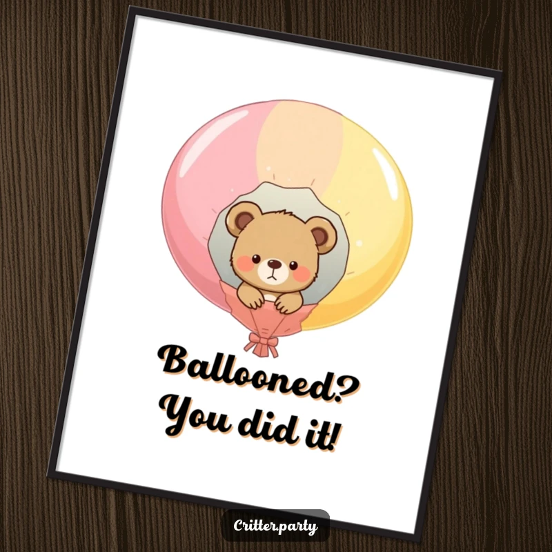 Funny Free Printable Wall Art: A curious bear cub peeks out from inside a giant, popped balloon, bringing playful decor.