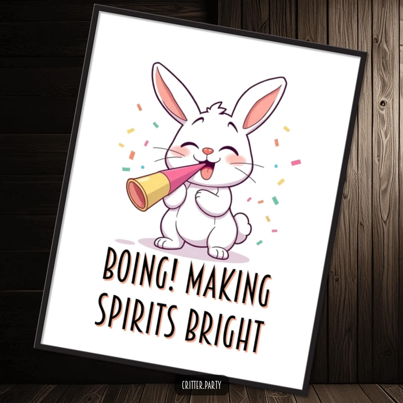 Funny free printable wall art featuring a giggling bunny blowing a party horn with a shower of colorful confetti flying around.